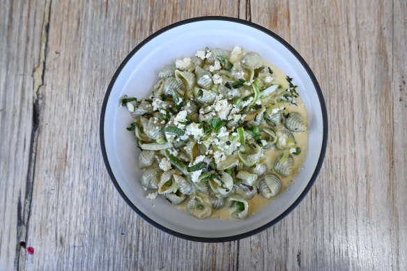 House-made spinach conchigliette with peas, asparagus, leek and fresh ricotta.