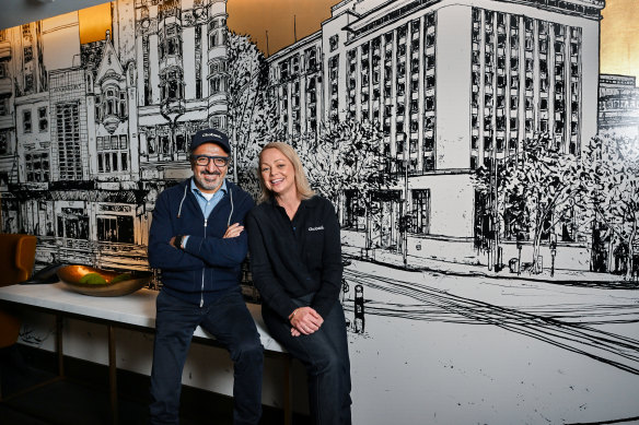 Chobani founder and chief executive Hamdi Ulukaya with Australian managing director Lyn Radford in Melbourne this month. 