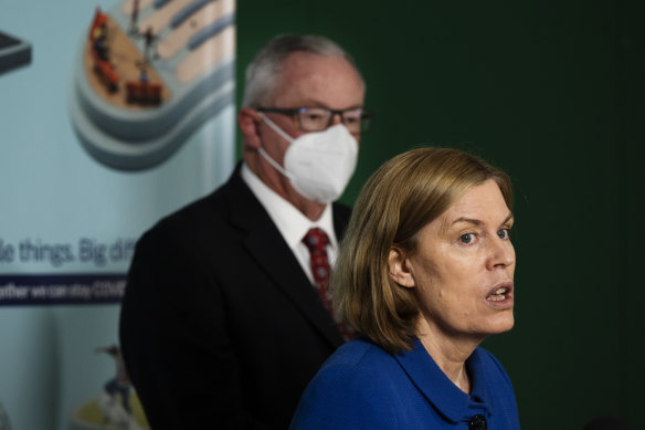 Health Minister Brad Hazzard and Chief Health Officer Kerry Chant on Tuesday. Chant did not recommend  public health restrictions but encouraged the public to wear masks and take steps to reduce their risk of catching winter viruses including flu.