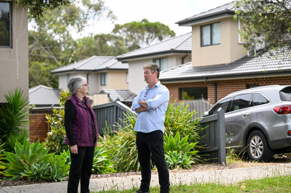 Swinburne University’s Stephen Glackin and Croydon Conservation Society president Liz Sanzaro in Croydon South, where Maroondah City Council has changed its planning scheme to encourage greater housing density.