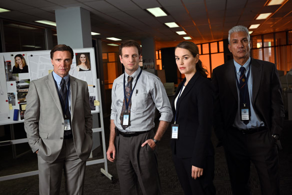 The Macro Taskforce team in The Claremont Murders: Jeremy Lindsay Taylor, Aaron Glenane, Laura Gordon and Dalip Sondhi.