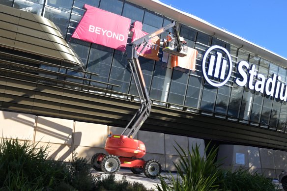 The Allianz Stadium logo being covered up on Tuesday as part of FIFA’s “clean-stadium” policy. 