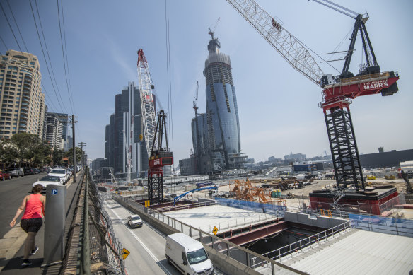 Crown's casino site overlooks Central Barangaroo, where construction is forging ahead on a new metro station.