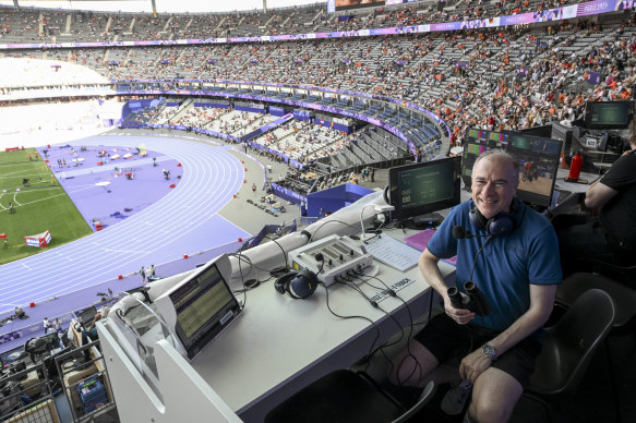 Broadcaster Gerard Whateley at the media tribune in the Stade de France, from where he called Jessica Hull’s 1500m semi-final on Thursday.