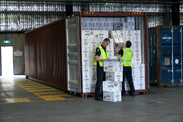 A shipping container full of illegal cigarettes at the Port of Melbourne.