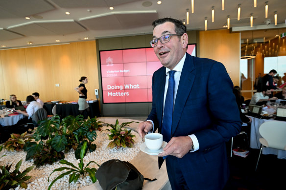 Premier Daniel Andrews works the room during Tuesday’s state budget lock-up.