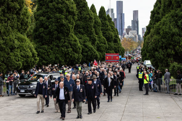 War veterans participate in the Anzac Day march in Melbourne.