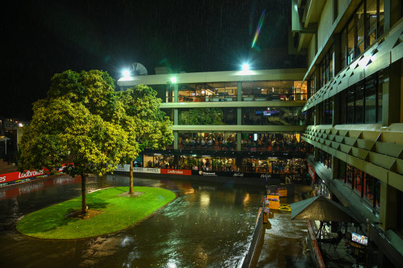 Heavy rain and lightning hit The Valley racecourse in Moonee Ponds on Friday night.