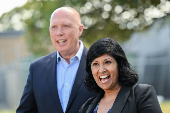 Opposition Leader Peter Dutton campaigning in the seat of Aston with Liberal candidate Roshena Campbell on Wednesday.