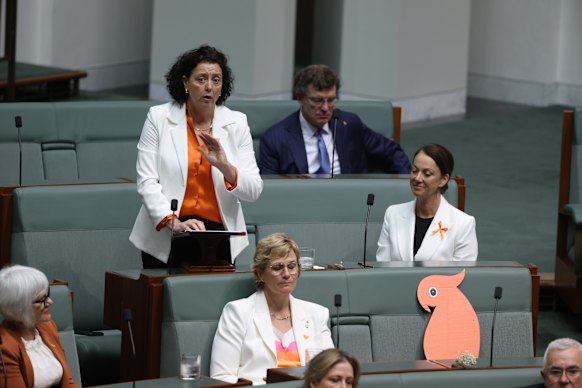 Independent MP Monique Ryan speaks during her tribute to Helen Haines. An orange cockatoo – a symbol long associated with Haines – occupies her vacant seat.