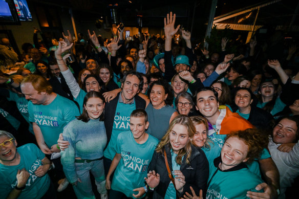 A victorious Ryan on election night, flanked by her husband Peter, stepdaughter Annabel (left) and son Patrick (front).  