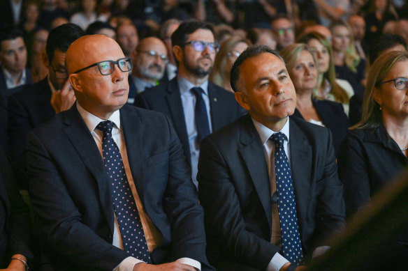 Federal Opposition Leader Peter Dutton, left, and his Victorian counterpart John Pesutto are backing different candidates to fill David Van’s spot on the Victorian Coalition Senate ticket.