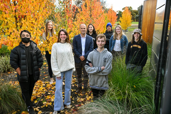 Templestowe College is one of this year’s award winners. L-R: Abbas Khan, Jasmine King, Kiannah Dower, Peter Ellis (principal), Bonnie-Mai Smith, Ethan Pearce, Samuel Yoannidis, Megan Hanel, Jeremy Green.