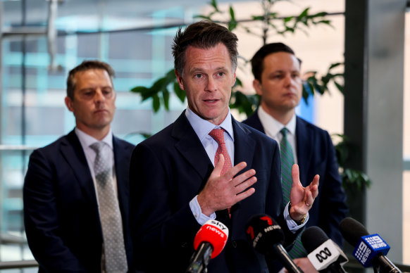 Chris Minns at a hospital announcement, flanked by Health Minister Ryan Park and Leppington  MP Nathan Hagarty.