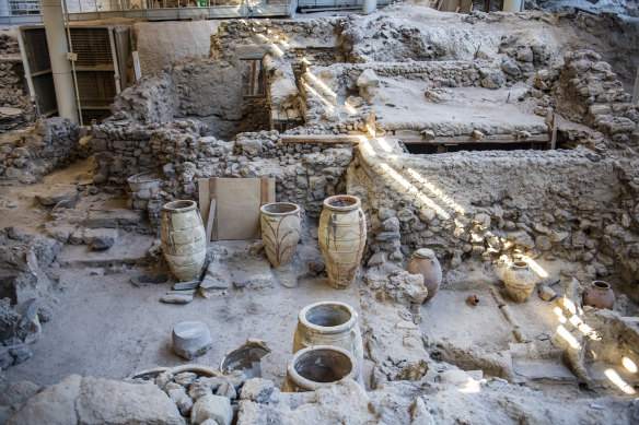 Ruins of prehistoric settlement, Santorini. Akrotiri lay in its tomb of ash for more than three millennia.