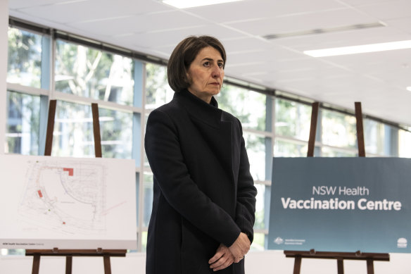 Premier Gladys Berejiklian pictured following a tour of the mass vaccination centre at Sydney Olympic Park.