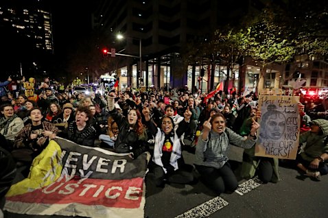 A protest in blocks traffic in the Sydney’s Elizabeth Street after 24-year-old Warlpiri man Kumanjayi White died in custody in Alice Springs in 2025, sparking national outrage.