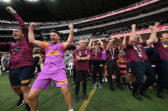 Premiership coach Chris Fagan and his assistants soak up the joy.
