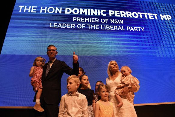 NSW Premier Dominic Perrottet and his family on stage at the Liberal Party launch.