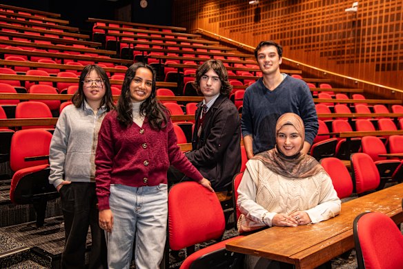 University of Sydney students Wen Zhong, Sathsara Radaliyagoda, Will Thorpe, Jack Quinlan and Tuba Shakeel.