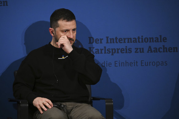 Ukrainian President Volodymyr Zelensky in Germany on Sunday where he accepted the International Charlemagne Prize, awarded to him and the people of Ukraine.