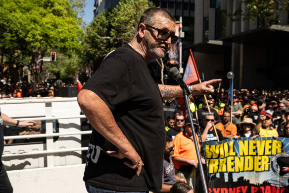 Darren Greenfield speaking at CFMEU rally in Sydney out the front of NSW Parliament House.