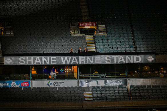 Shane Warne’s children unveil the new Shane Warne Stand at the MCG at the conclusion of the service on Wednesday evening.