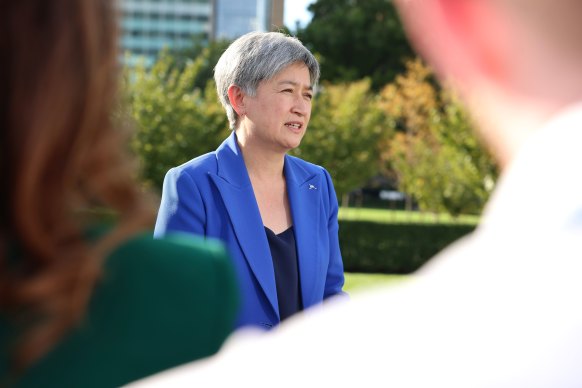 Foreign Minister Penny Wong speaking to the media in New York. 