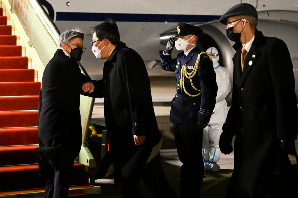 Foreign Minister Penny Wong arrives in Beijing last night.