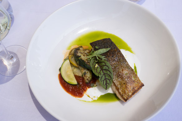 Crispy skin salmon with scorched zucchini, tomato, goat’s curd and basil.