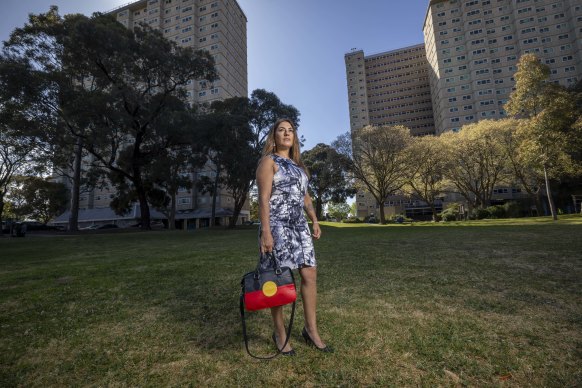 Independent senator Lidia Thorpe on Tuesday at the Hoddle Street housing towers in Collingwood where she lived during her early years.