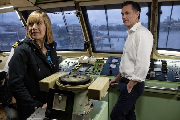 Transport Minister Jo Haylen and Premier Nick Minns inspect the Queenscliff on Tuesday.