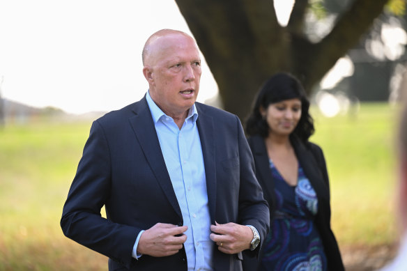 Liberal Opposition Leader Peter Dutton campaigning in the seat of Aston with the candidate Roshena Campbell.