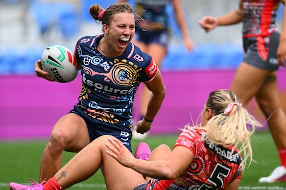 Teagan Levi celebrates her brilliant try.