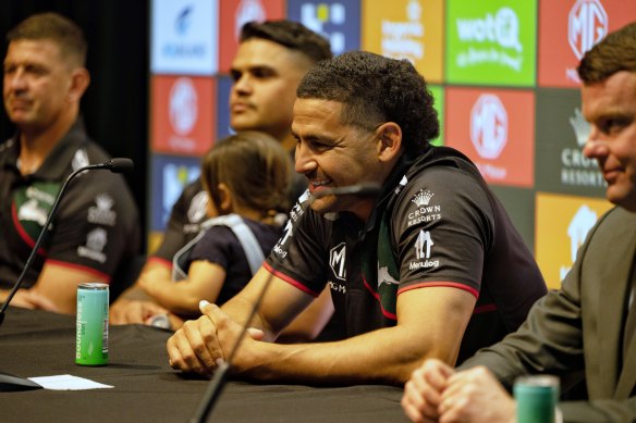 Good times ahead ... Cody Walker and Latrell Mitchell at Wednesday’s re-signing announcement.