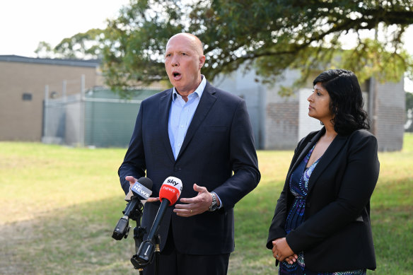 Opposition Leader Peter Dutton campaigning in the seat of Aston with Liberal candidate Roshena Campbell.