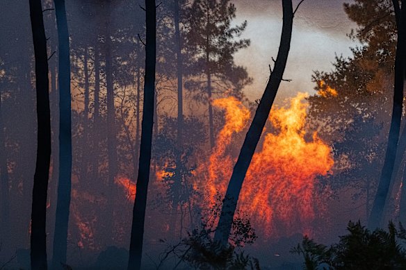Fires advance near Le Porge, in western France, on Thursday.