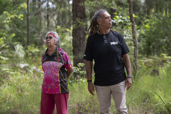 Gumbaynggirr elders Aunty Alison Buchanan and Uncle Micklo Jarrett at a protest against logging at Little Newry forest.