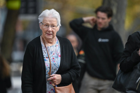 Russell Hill’s wife, Robyn, outside court in May.