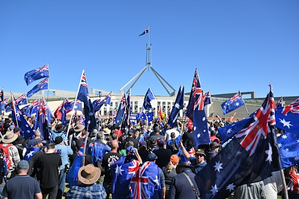 Protesters during the March for Australia anti-immigration rally outside Parliament House in Canberra on Sunday.
