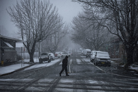 Braving the cold: snow falls in Blackheath.