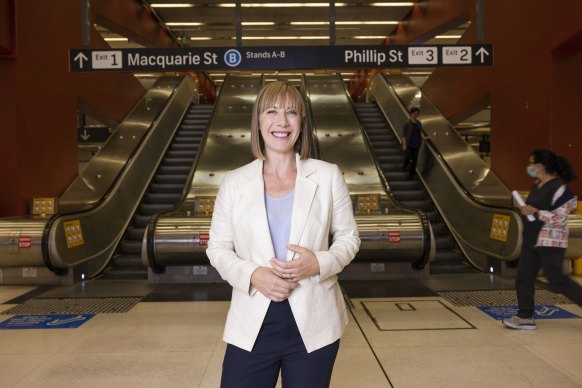 The new NSW Transport minister Jo Haylen just three days into the job at Martin Place train station.