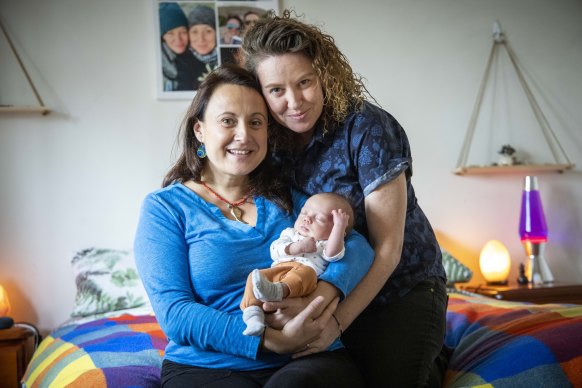 Mille Olcay (left) and Rea Eager say delivering their baby, Tom, during his caesarean birth was extraordinarily empowering.