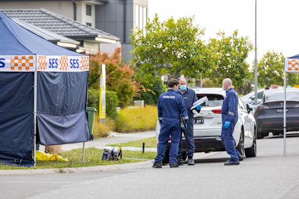 Homicide detectives at the scene of the double-stabbing in Clyde North in January.