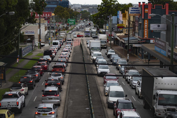 Heavy traffic on Parramatta Road near Auburn on Monday evening. 