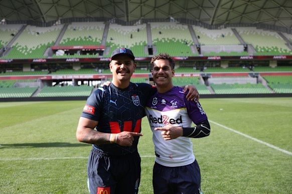 Latrell Mitchell pictured in 2024 with former Melbourne Storm youngster Matt Hill. who is now playing in the AFL for Hawthorn.