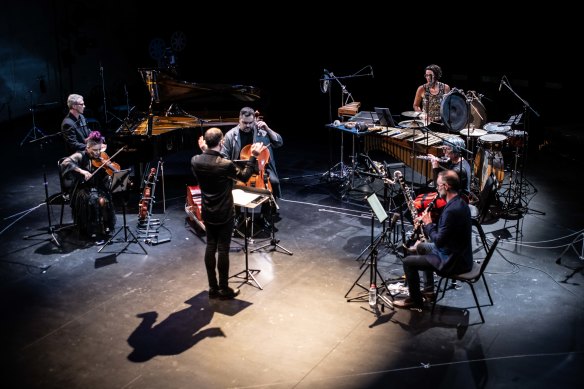 Benjamin Kopp, Veronique Serret, conductor Jack Symonds, Blair Harris, Claire Edwards, Lamorna Nightingale and Jason Noble of Ensemble Offspring