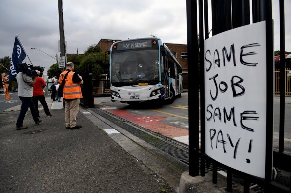 The strike action at Burwood bus depot on Monday morning. 