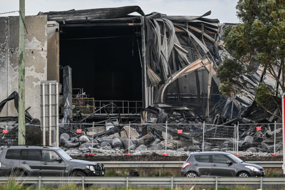 The fire-damaged Derrimut factory, operated by chemical blending company ACB Group, on Thursday.