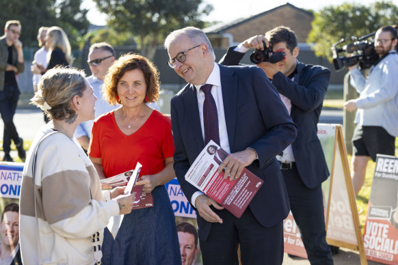 Prime Minister Anthony Albanese campaigning with Labor candidate Jodie Belyea in Carrum Downs on Friday.